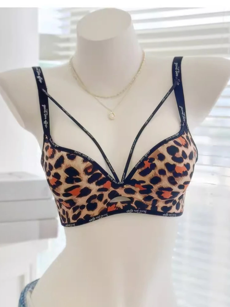 Conjunto de lencería sin costuras con sujetador push-up con estampado de leopardo para mujer, busto pequeño, sin aros, almohadillas push-up, correas ajustables, NIEPO S-XL