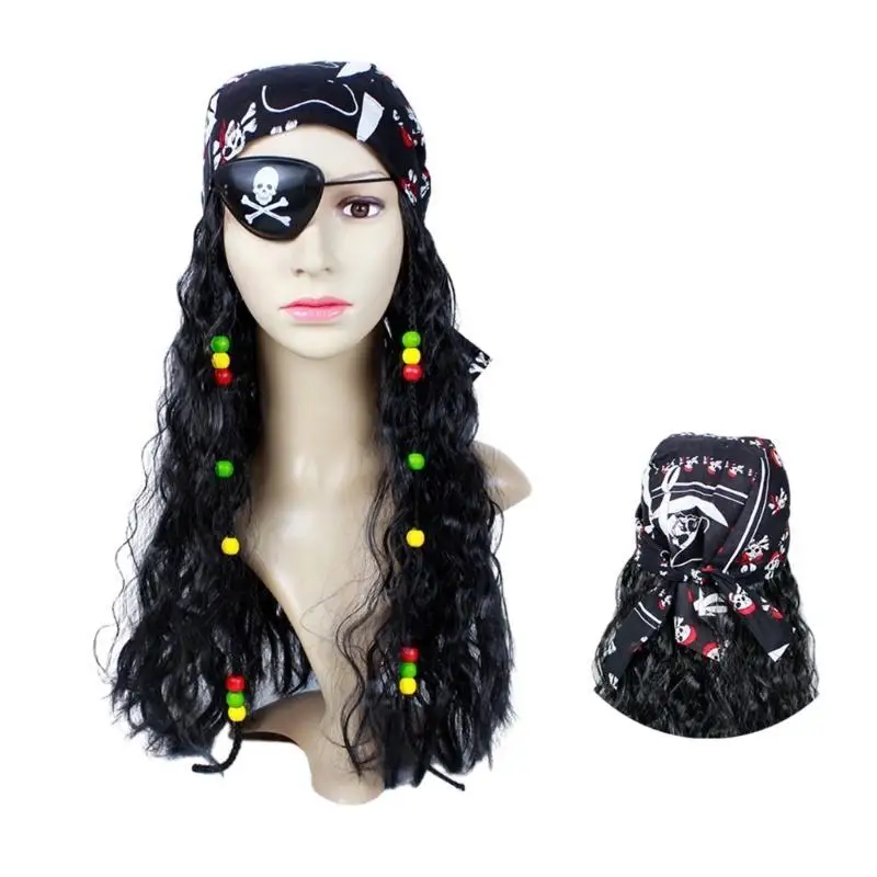 652F Piraat Pruik Piraat Outfit Kostuum Accessoires Zwart Krullend Piraat Pruik met Eye-Patch Sjaal Set voor Carnaval Halloween