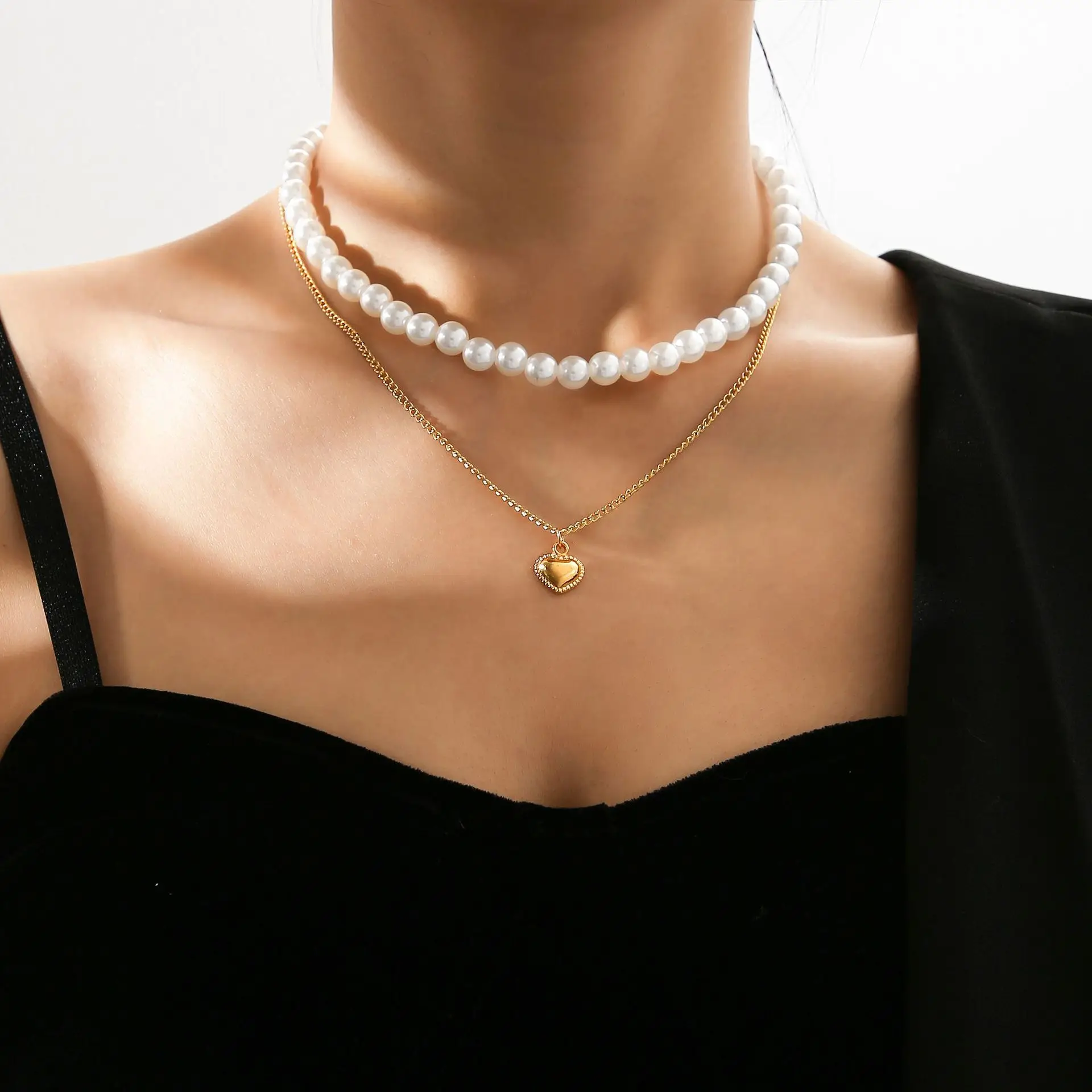 1Pcs Hot Selling New Pearl Heart Double-Layer Layered Collarbone Necklace, Fashionable and Sweet Temperament Women's Necklace