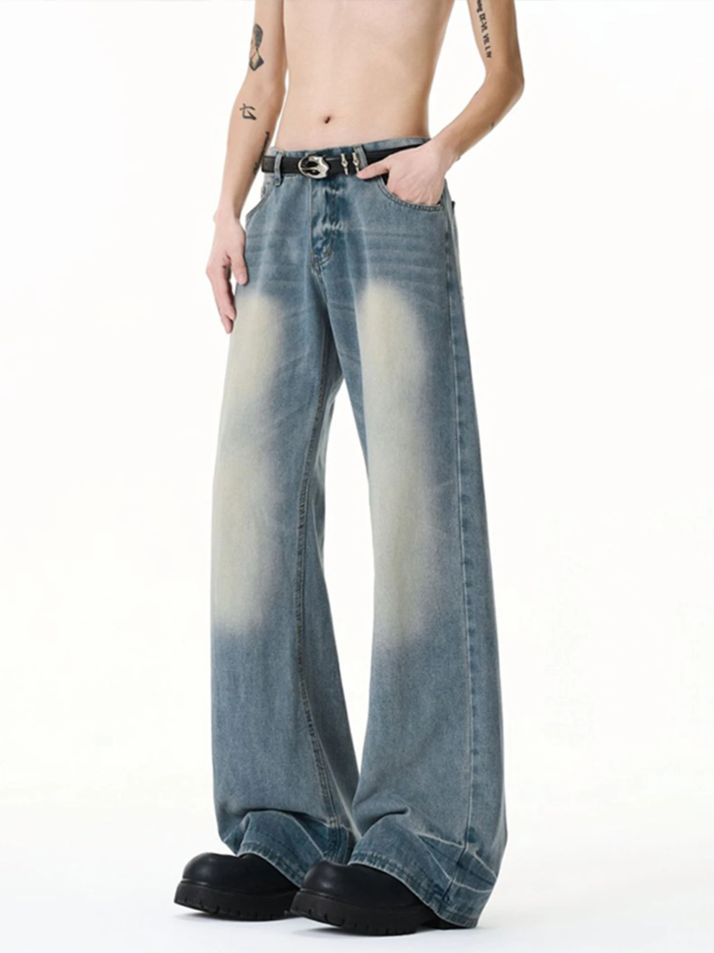 

Blue Cleanfit Men's Spring Summer High Street Vibe Flared Jeans mid Waist Straight Leg Cotton Blend Denim Youth Faion