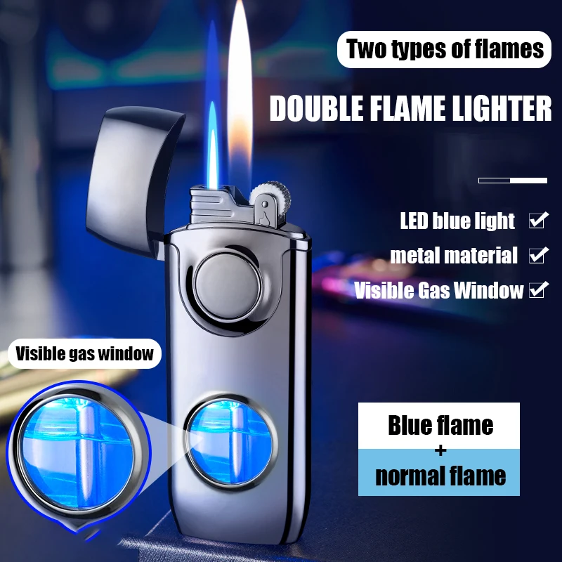 

Creative Double Flame Wheel LED Blue Light Visual Gas Window Lighter, Metal Body Lighter, Gadget