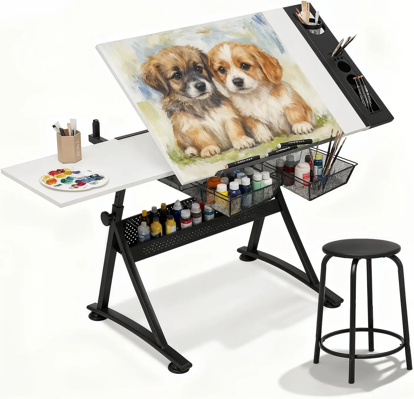 Professional Drafting Table for Adults W/Stool, Tilting Wooden Tabletop & Adjustable Height, Art Craft Desk Watercolor Paintings Sketching Work Station for Studio Home Office School (White)
