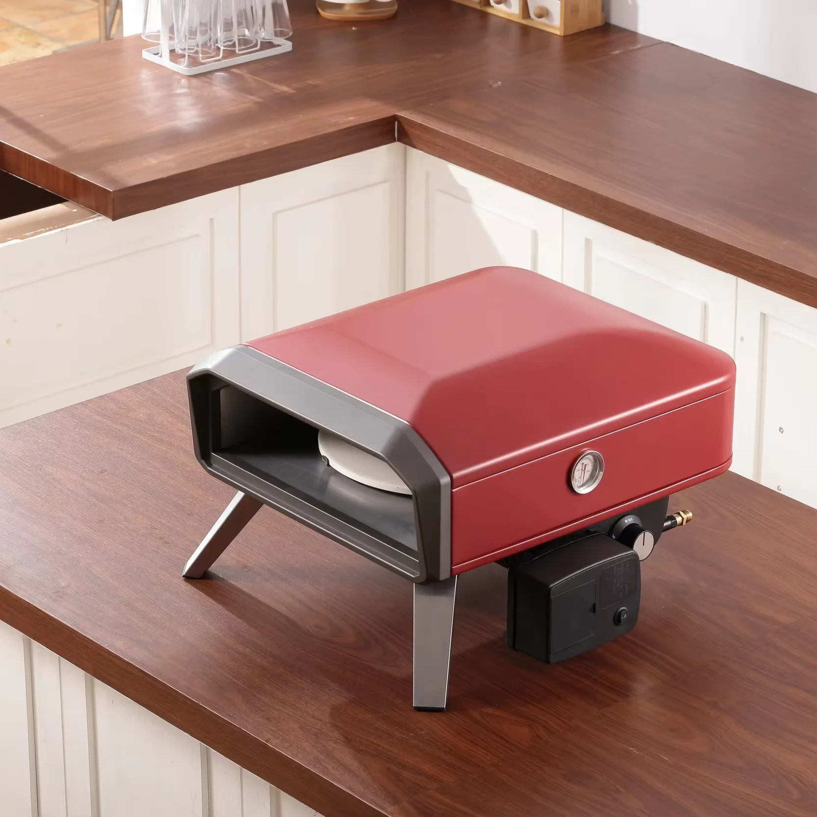 

Двигатель автоматически вращается 12-дюймовая настольная газовая печь для пиццы -500 ° C Высокотемпературные складные ножки для террасы для кемпинга и кемпинга