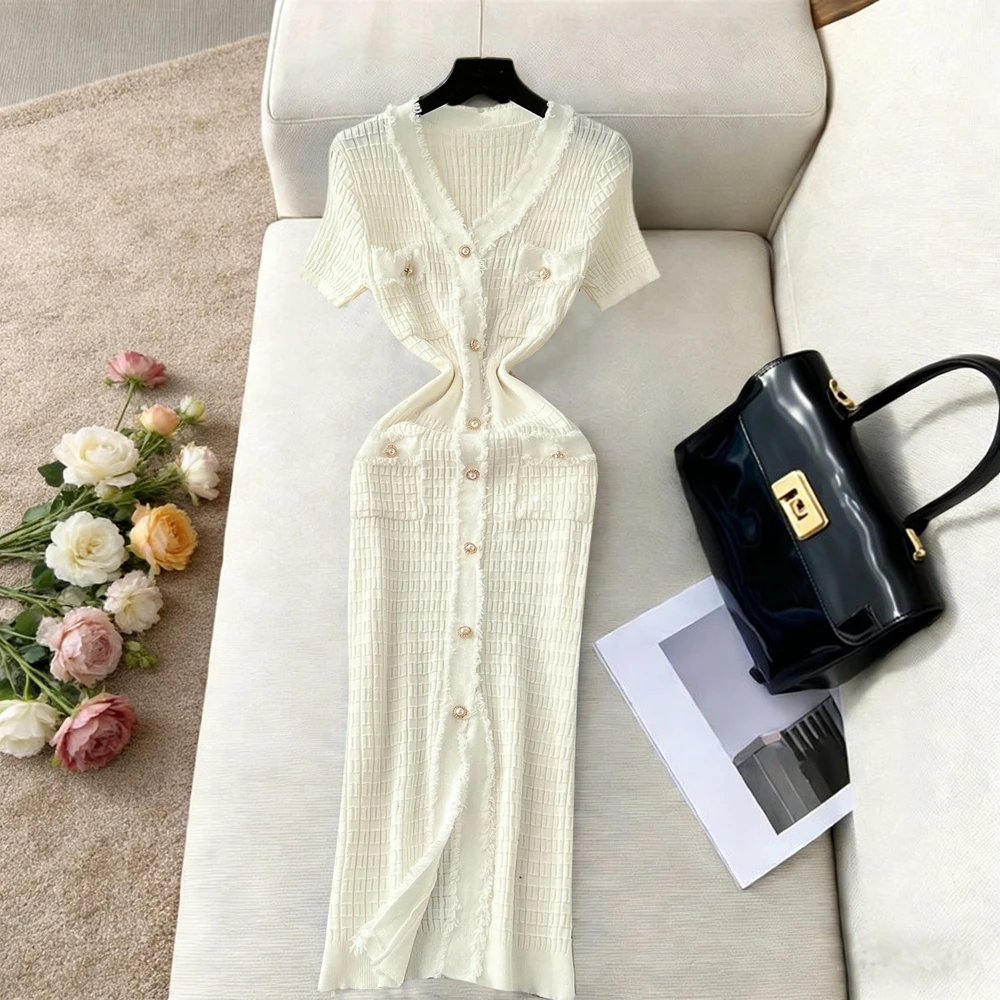 YuooMuoo Merk Mode Parel Knopen Gebreide Lange Jurk Lente Zomer Luxe V-hals Bodycon Trui Jurk Kantoor Dame Vestidos