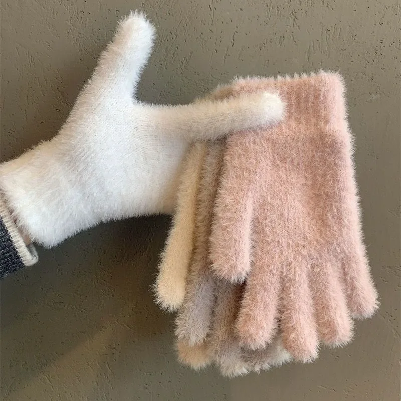 Fashion Winter Mink Velvet Five Finger Gloves Plush Warm Cold-Proof Gloves Women Outdoor Cycling Solid Color Wistiti Mittens