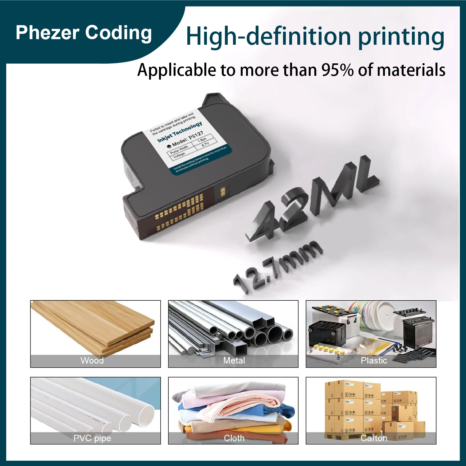 Phezer Printer Solvent Ink Cartridge 1/3/5/10Pcs PS127 12.7mm Quick Dry  Black High Adhesion Handheld Online Inkjet Printer
