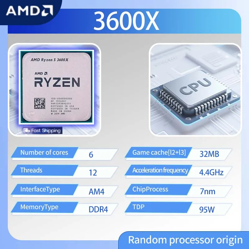 AMD Ryzen 5 3600X CPU R5 3600X 3.8GHz--4.4GHz 6-Cores 12-Threads