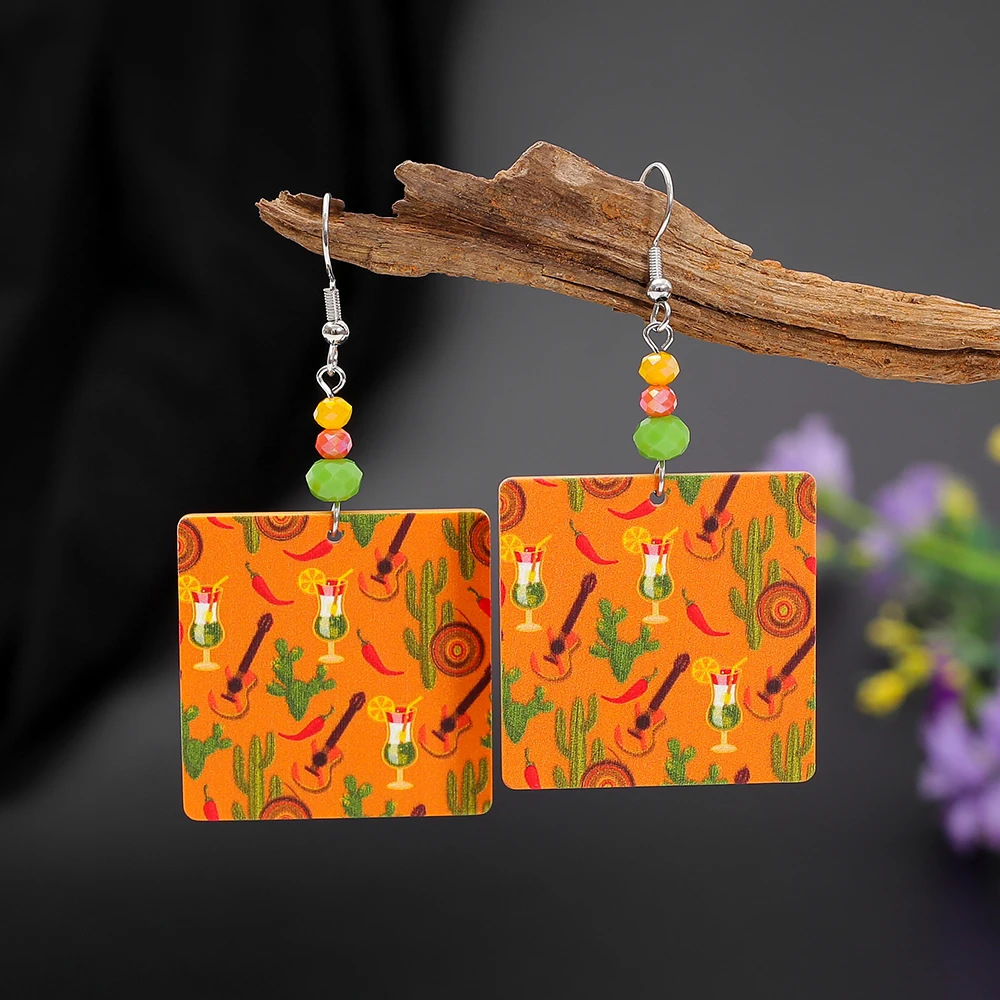 Fashion New Casual Party Accessories Green Orange Style Guitar Cocktail Pattern Acrylic Earrings For Women Elegant Girls Jewelry