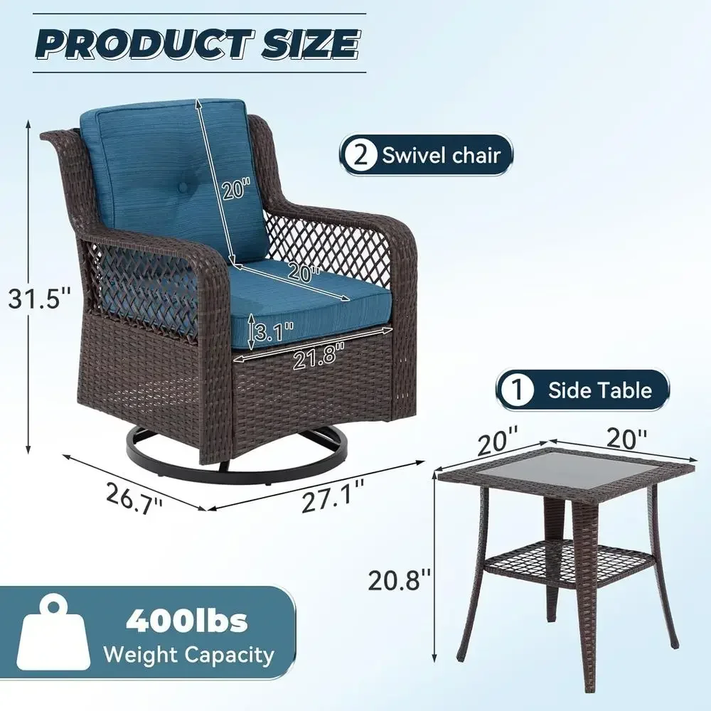 Blue 3-Piece Patio Swivel Chairs Set with Wicker Rocking Chair and Side Table for Outdoor Garden, Porch, or Backyard