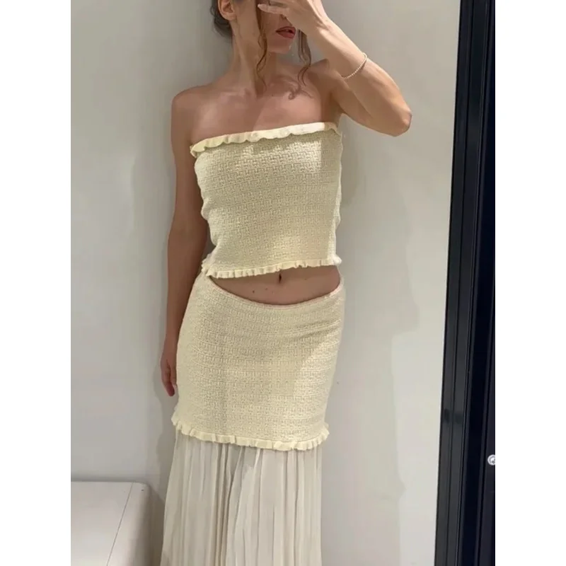 Summer Sexy Chic Women's Commuter Suit Sleeveless Knitted Tube Top Long Straight Skirt Fashionable Tight Ensemble for Ladies