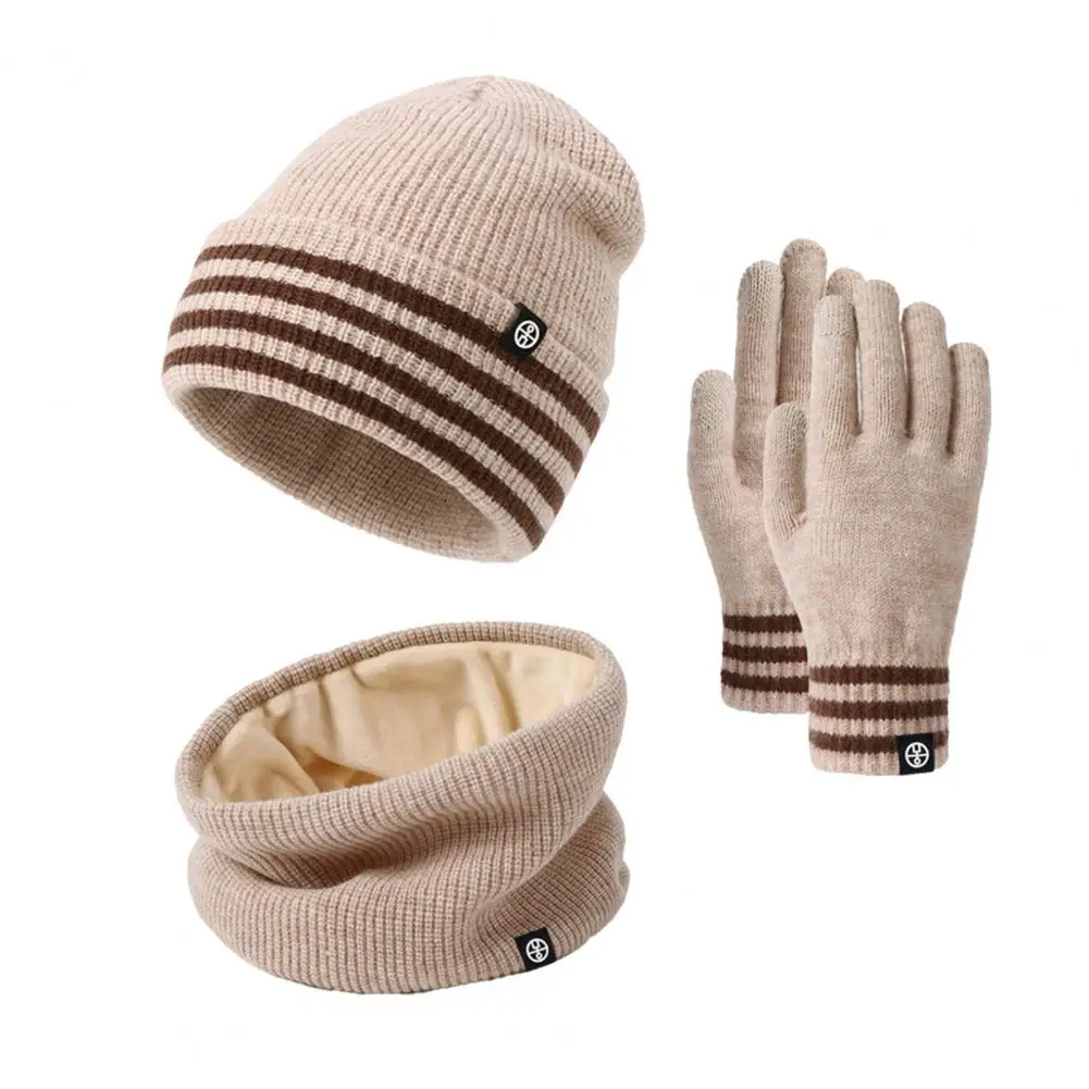 Acrylic Fiber Winter Accessories 3pcs Winter Hat Scarf Gloves Set Striped Print Thickened Velvet Lining Windproof Warm