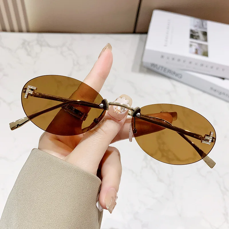 Elegant Diamond Oval Sunglasses Male Letter "F" Rimless Sunglasses Female image 5