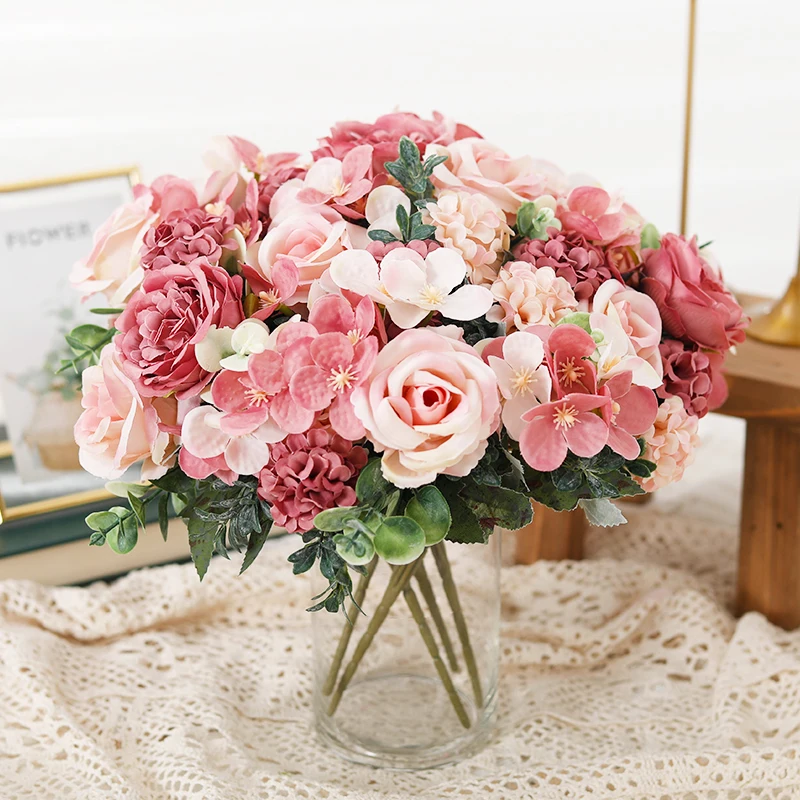 Artificial Silk Flowers High Quality Rose Bridal Bouquet Hydrangea Christmas For Home Party Wedding Vases Decoration Fake Plant