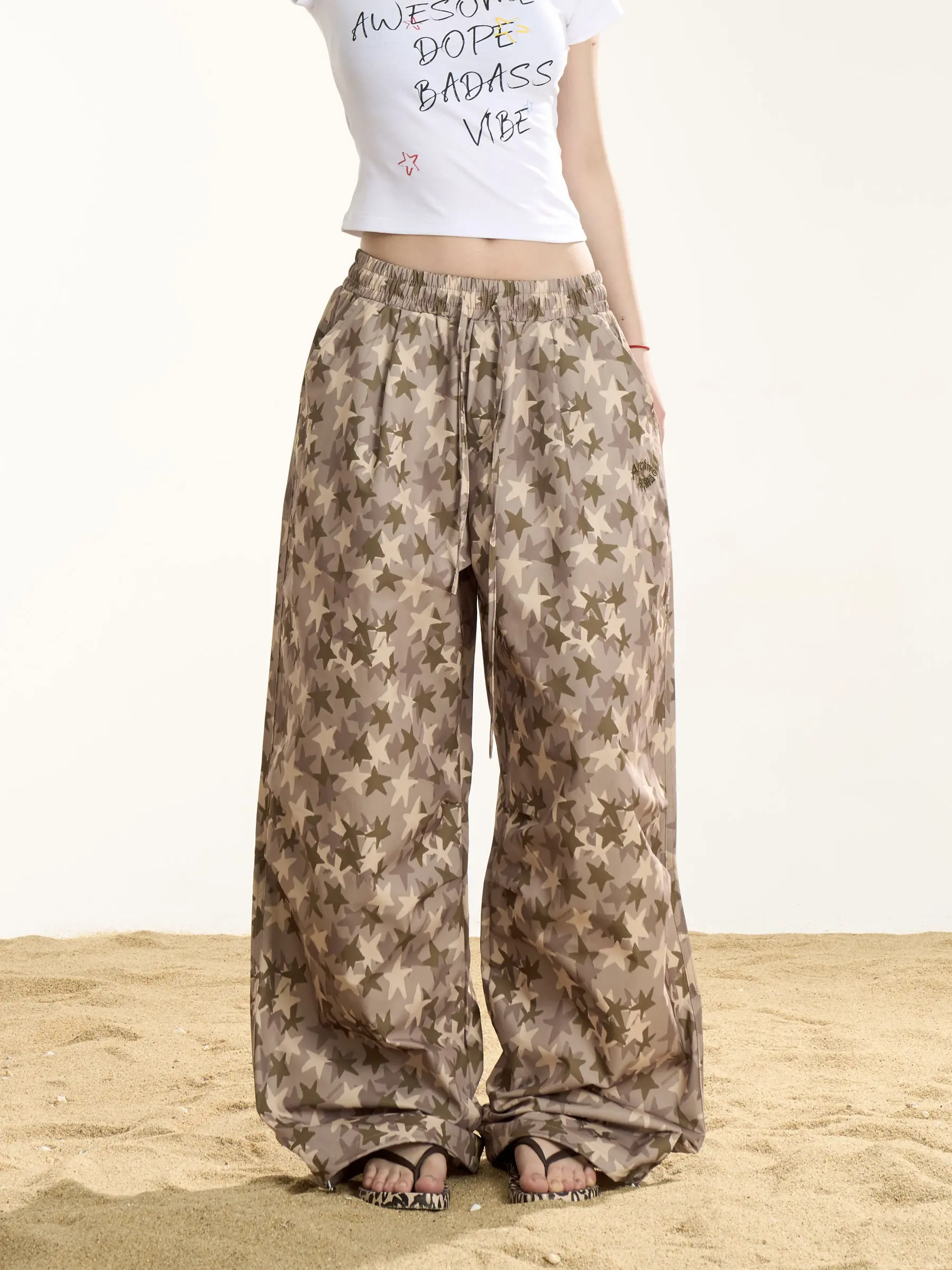 

American Retro Star Wide Leg Pants Women Summer Drawstring Loose Versatile Floor-Length Casual Trousers Polyester Fabric