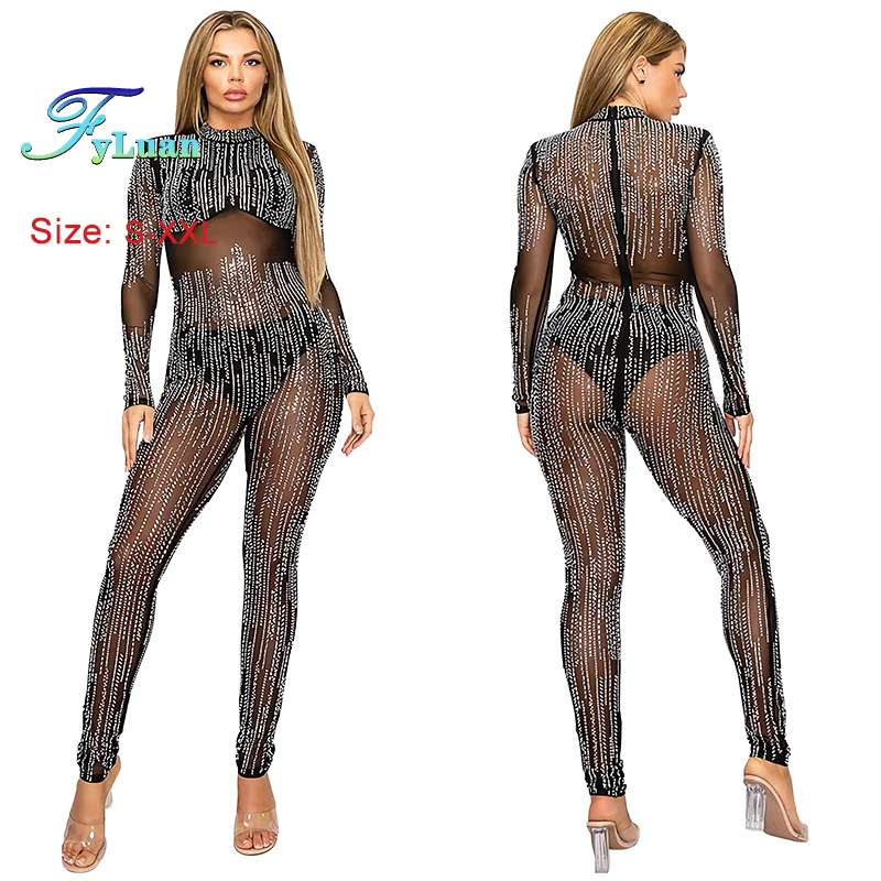 2025 ใหม่ตัดเอวผู้หญิงSlim Sheerตาข่ายผอมJumpsuitsแขนยาวHollow Out Street Club Playsuit One PieceชุดRomper