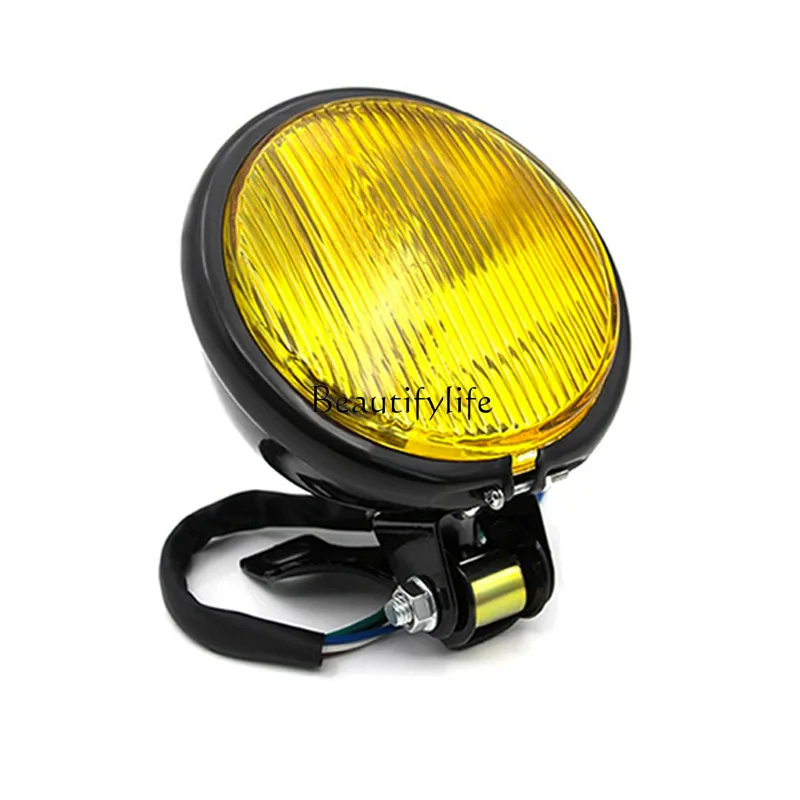 Retro motorcycle modified metal headlights, black lighting, yellow glass, headlights