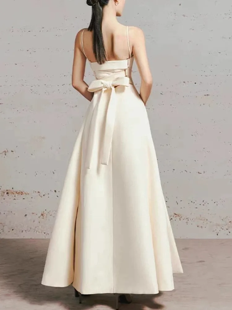 QMQA Fashion Women's Elegant Bow-tie Strap Long Dresses High Waist Slimming Solid Niche Design Dress 2026 Summer New QM1319