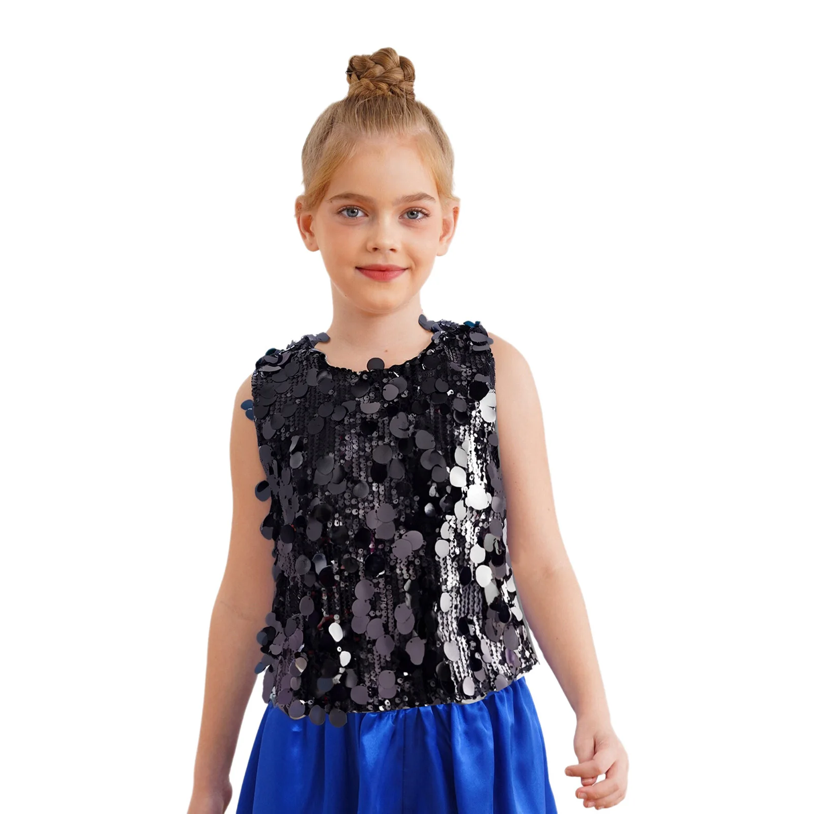 

Kids Girls Sparkling Sequins Tank Top Vest Ballroom Jazz Latin Tango Dance Top for Birthday Party Ballroom Stage Performance