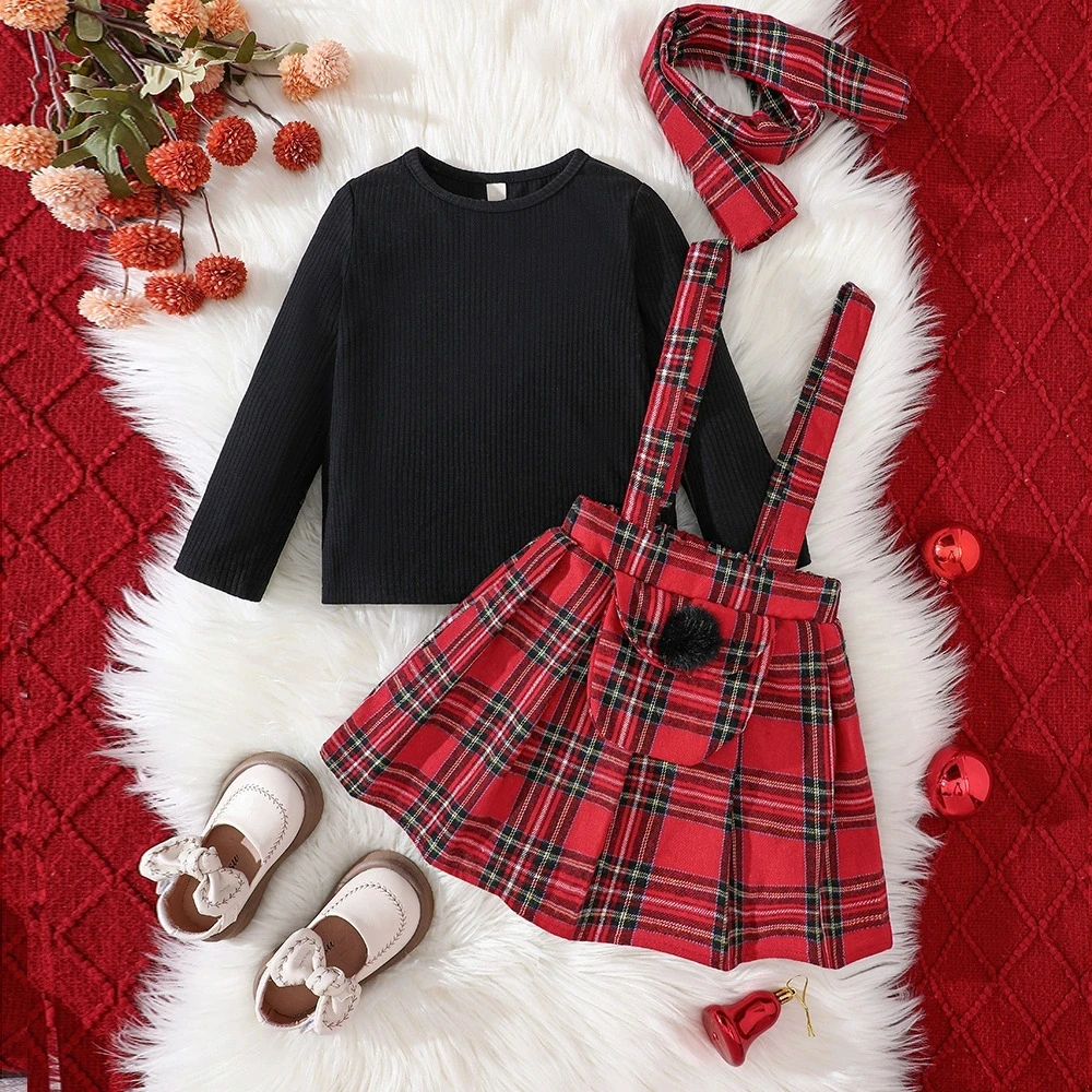 

Kids Dress Girls Long Sleeve Shirt+Short Suspender Skirt+ Scarf 3pcs Baby Girls Outfit Set Children Clothing For 2-7 Years ﻿