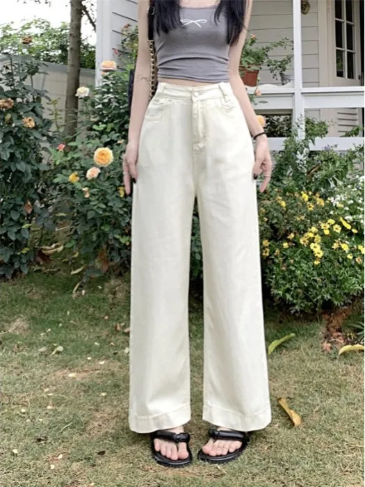 

Jeans Women Wide Button Fly Zipper Closure Belted Buckle Adjustable Waistband Simple Fall Spring Wear Practical Classic Comfort