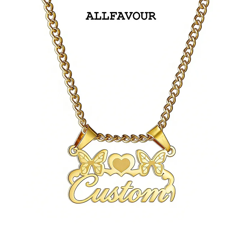 

Custom Name Butterfly Heart Flower Removable Pendants Stainless Steel Heart Nameplate Necklaces For Women Children Jewelry Gifts