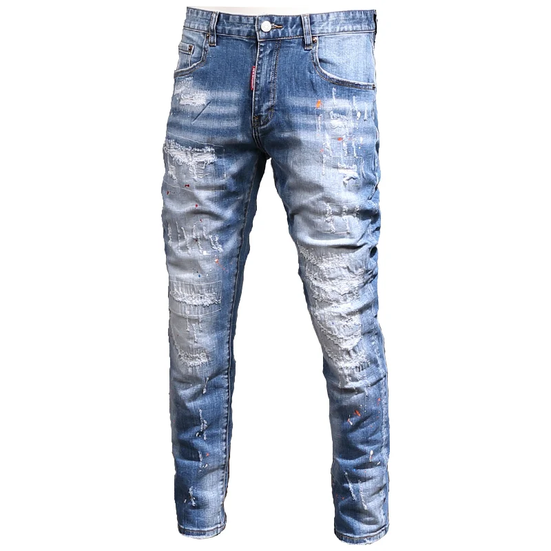 Street Fashion Men Jeans Retro Light Blue Stretch Slim Fit Ripped Jeans Men Patched Vintage Designer Elastic Denim Pants Hombre