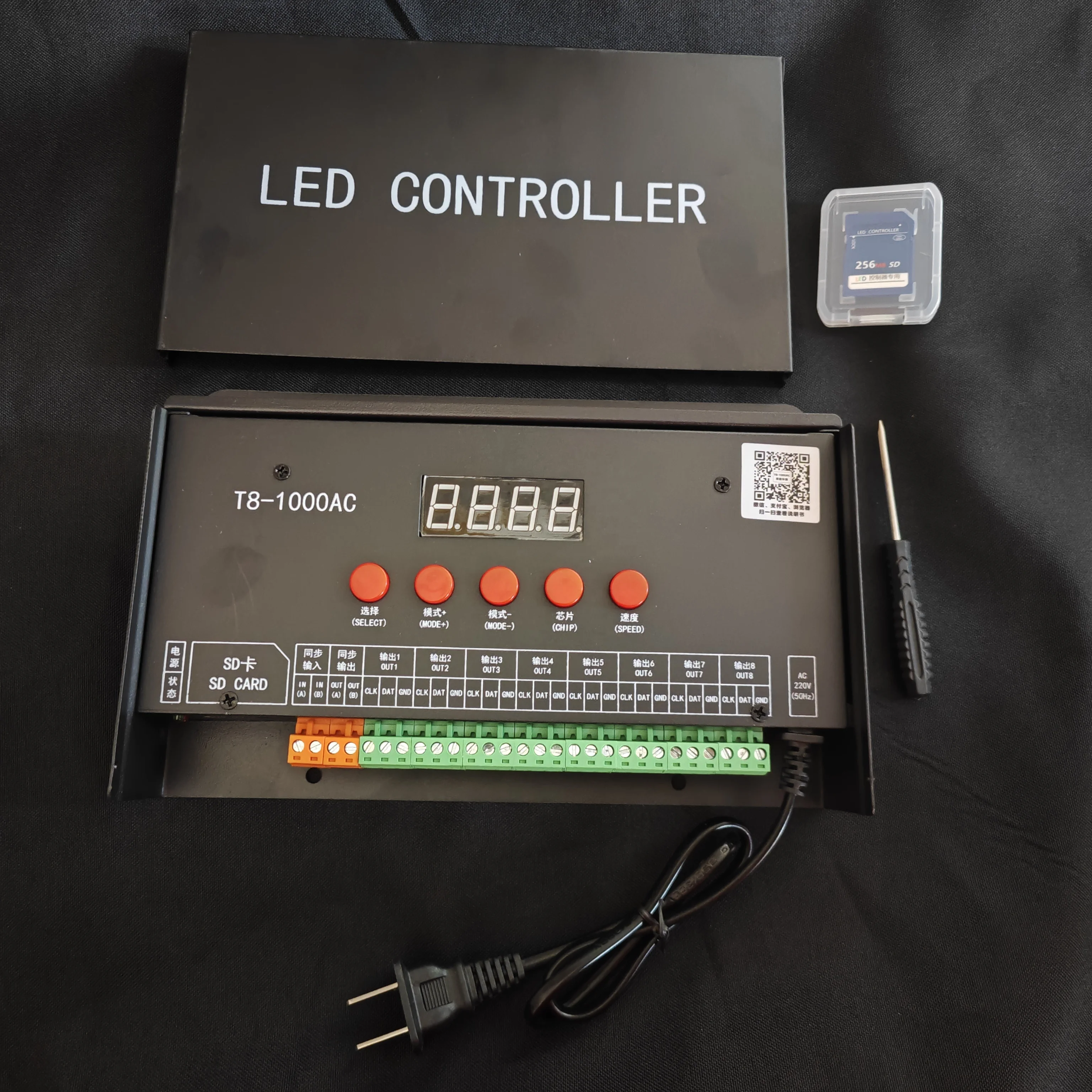 T8-1000AC Programmable Pixel LED Controller 8 CH Digital Strip Dimmer with SD Card & WS2812 Sk6812 for Addressable Neon Lights