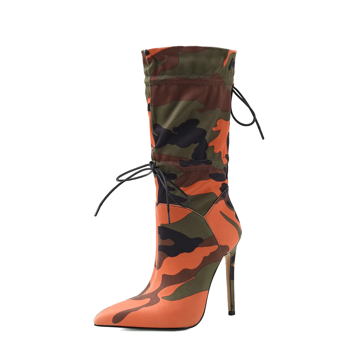 

2024 Lace Up Chunky Block High Heel Platform Bootie Camouflage Print Round Toe Boots Orange Winter Ankle Boots Women Night Club