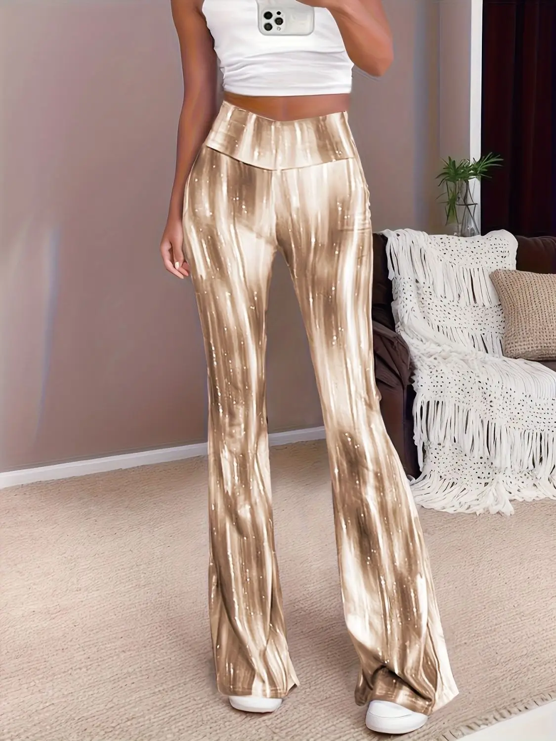 Summer Women's Pants Elegant High Waisted Y2K Flared Pants Yoga Exercise Fitness Waist Cinching Hip Lifting Tie Dye Flared Pants