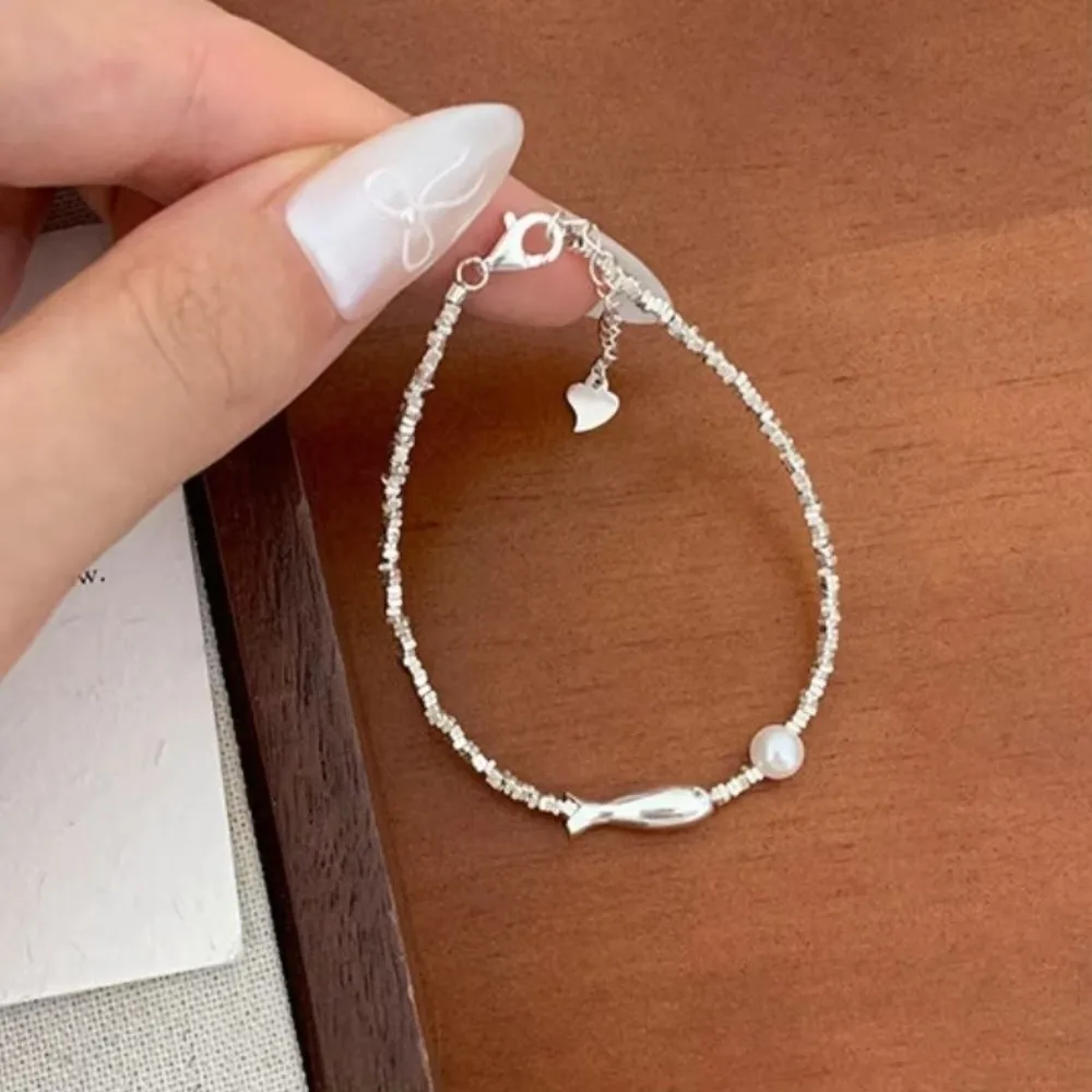 Elegant Silver Color Small Fish Bracelet Small Irregular Square Fish Bracelet Sweet Imitation Pearl Bracelet Girls