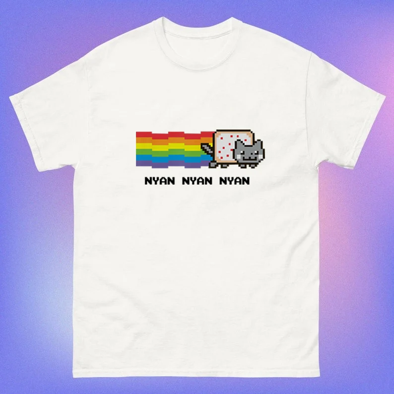 Cute 2000s Aesthetic Kawaii Anime T-Shirt Nyan Cat Funny Meme Funny Tops Men Women Cotton Pixel Art Gamer Harajuku Retro Tshirt