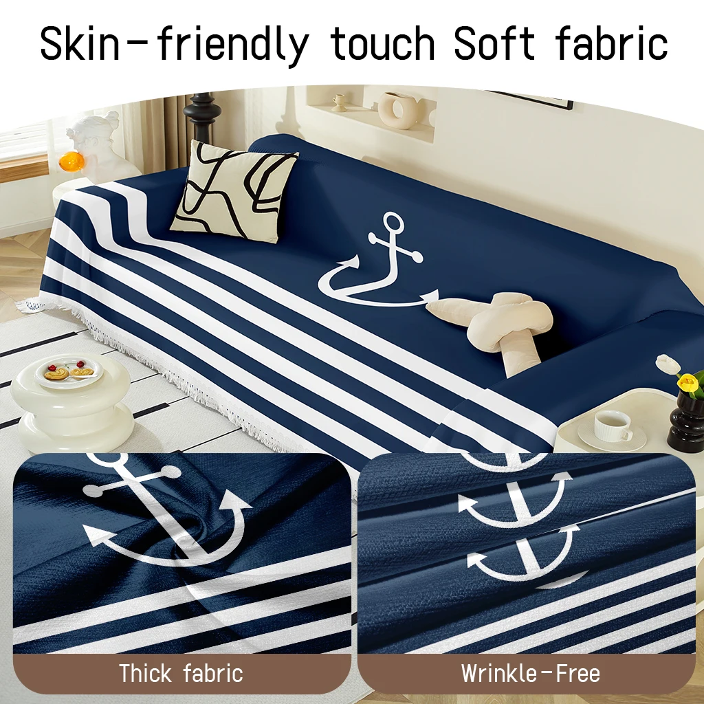 1pc Nautical Anchor Sofa Cover, Navy Stripe Couch Throw, Soft Washable Protector with Tassels