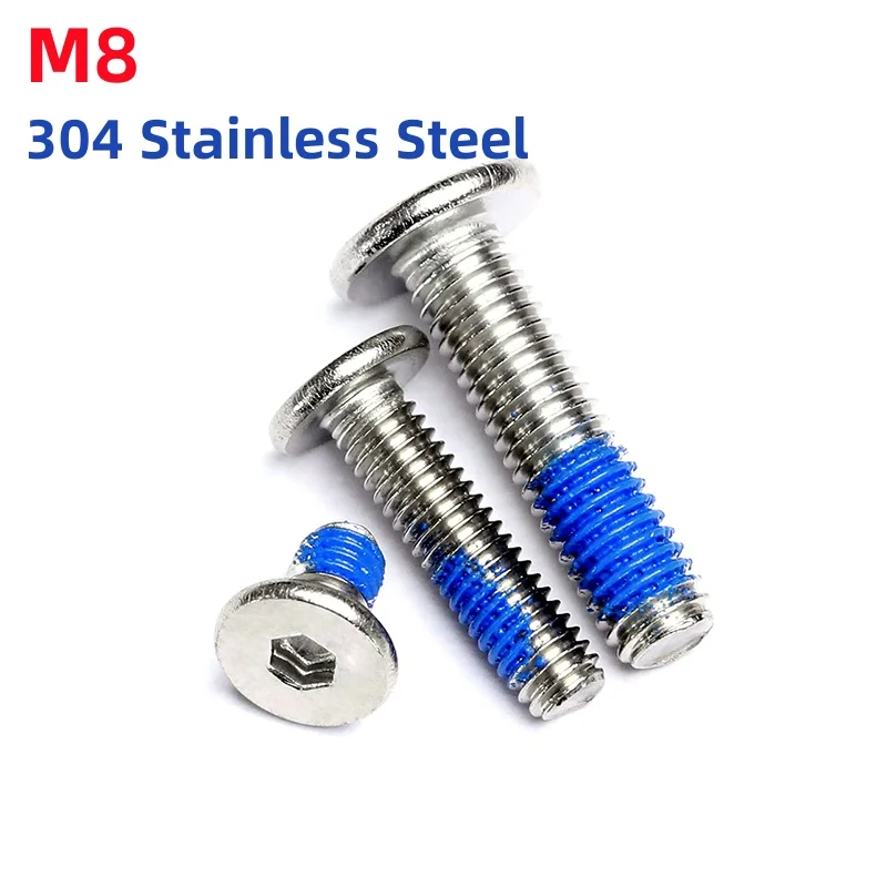 M8 304 Stainless Steel CM Ultrathin Hex Socket Flat Wafer Head Bolt Half Coated Blue Glue Dispensing Screw