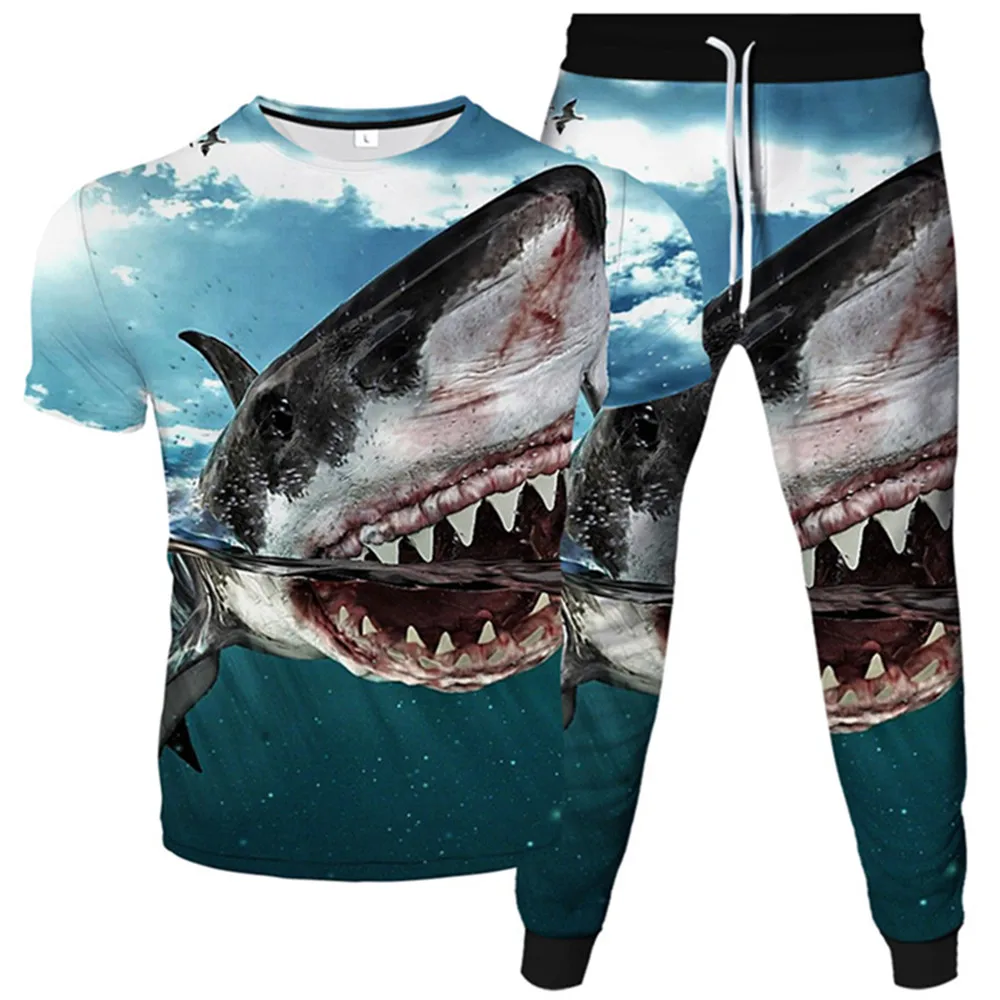 Underwater World Animal Fish Dolphin Shark Print Men Women Fashion Clothes Suits Male T-Shirt+Trousers 2Pcs Sets Tracksuit S-6XL