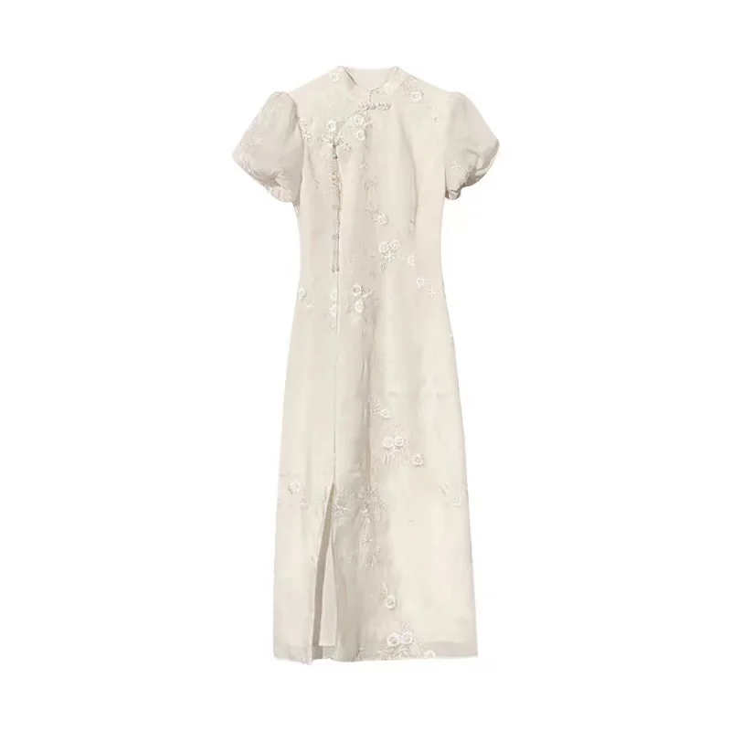 Nieuwe Chinese Sle Geborduurde Rok Bubble Sve Dames Dr Zomerseizoen Mid Taille Split A-lijn Dr