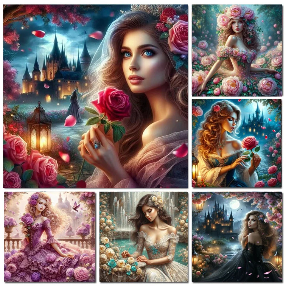 

Картина из страз 5d "сделай сам", красивая женщина, замок, роза, пион, полная фотография, искусство бриллиантов, вышивка, украшение для дома