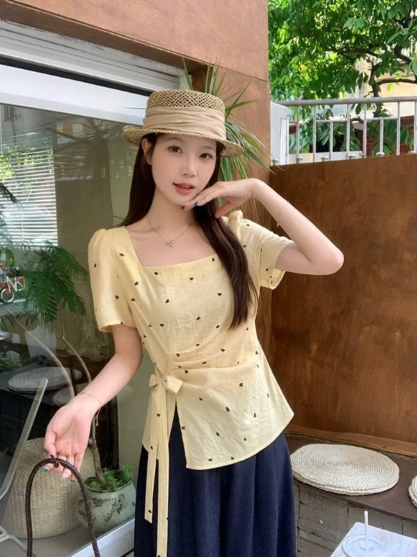 

Sweet Style plus Size Women's Shirt Square Collar Polka Dot Tie Short Sleeve Slimming High Waist Fashionable Summer Top