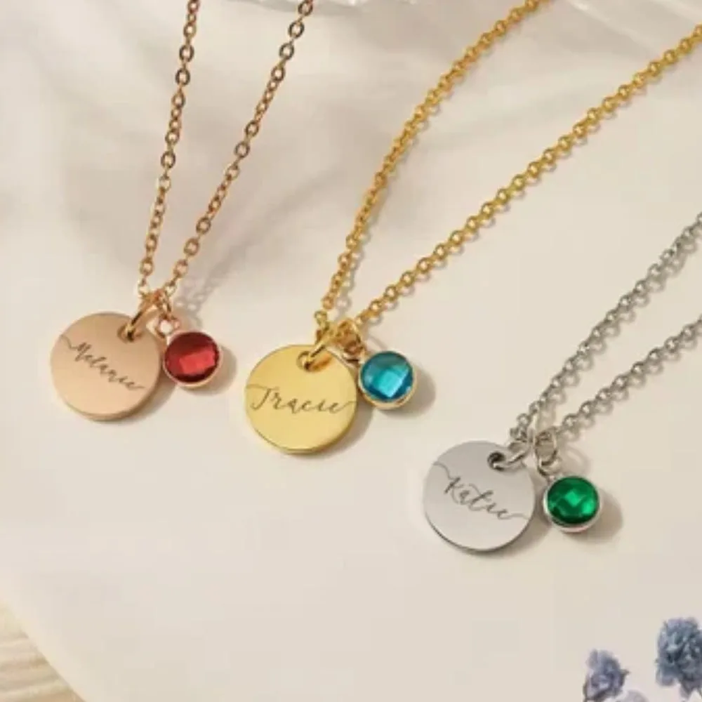 

Stainless steel necklace with birthstone, gemstone inlay, round plaque engraved necklace, Thanksgiving gift