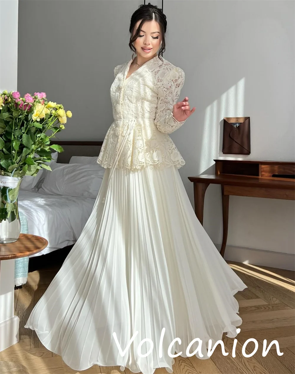 Customized Pastrol Unisex Chiffon Pattern Pleat A-line V-neck Long Dresses Bespoke Occasion Exquisite Matching