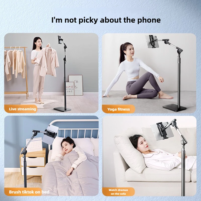 ‌Adjustable Height Floor Stand for Tablet Phone, Hands-Free Holder, Live Streaming Overhead Mount Bluetooth Remote Control