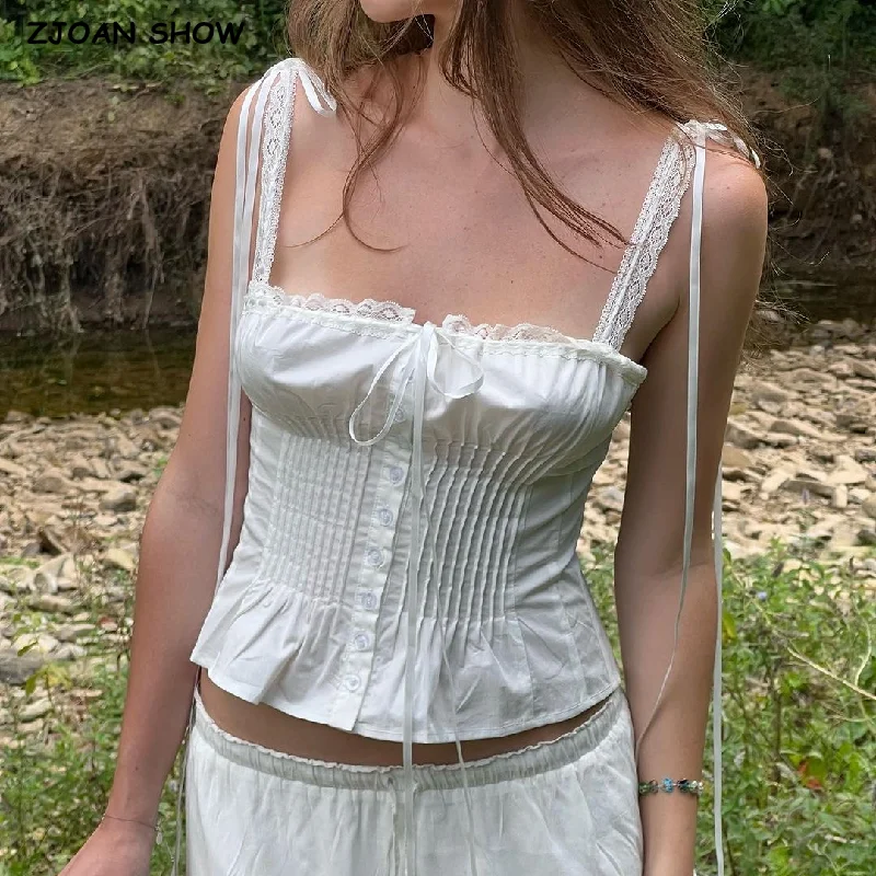 2024 White Spliced Lace Slash Collar Ribbon Bow Strap Sexy Corset Women Summer Tank Tops Pleated Slim Through Buttons Crop Top