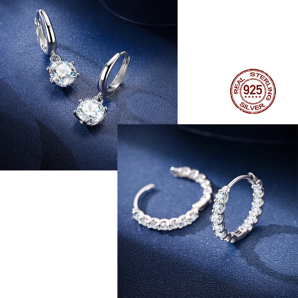 

100% Moissanite 2 pairs Earring Set 925 Sterling Sliver Sparkling Classic Diamond Band for Women Wedding Engagement Jewelry