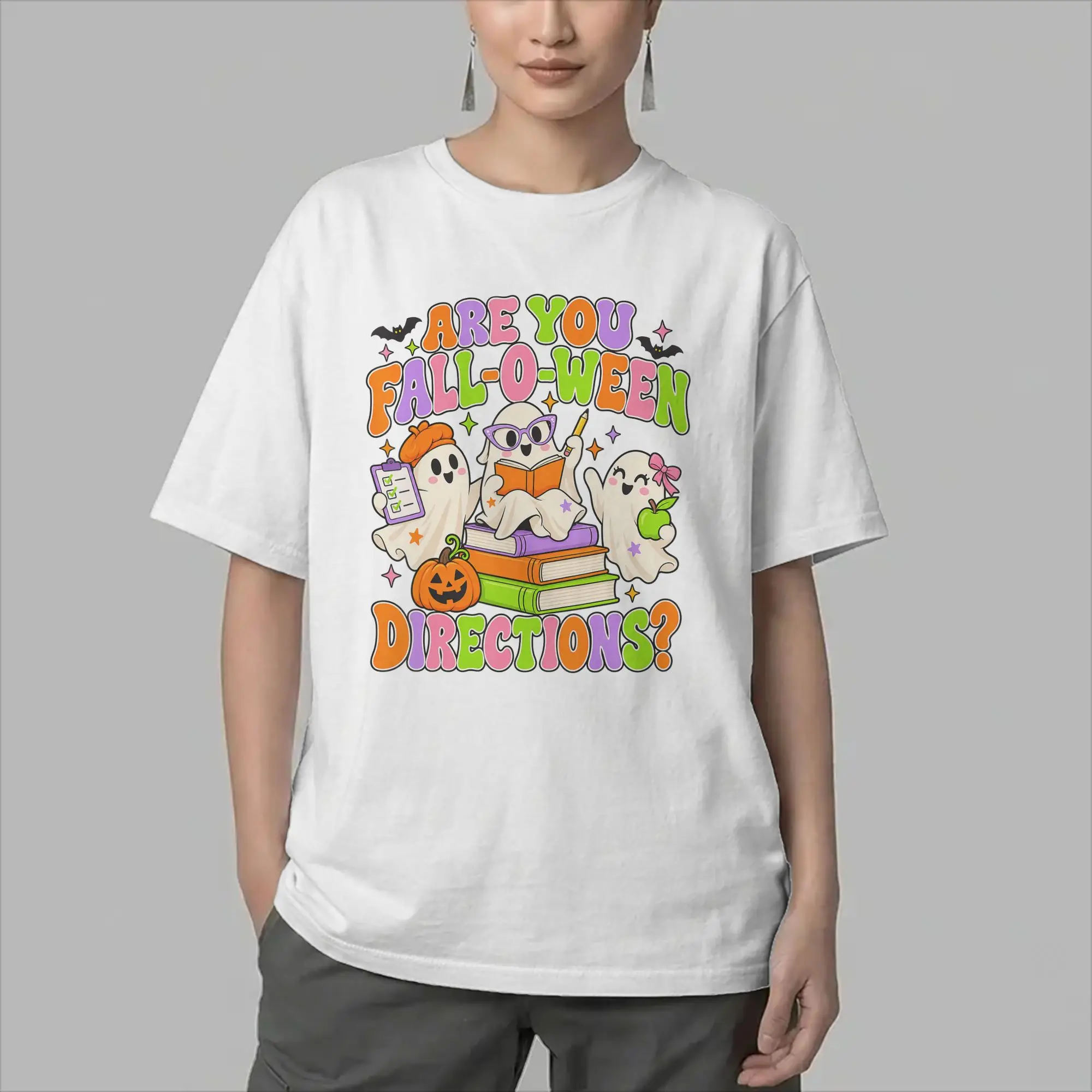Men's are You Fall-O-Ween Directions Cute Ghost Teacher Halloween T Shirts Cotton Tops Short Sleeve Tee Shirt Summer T-Shirts