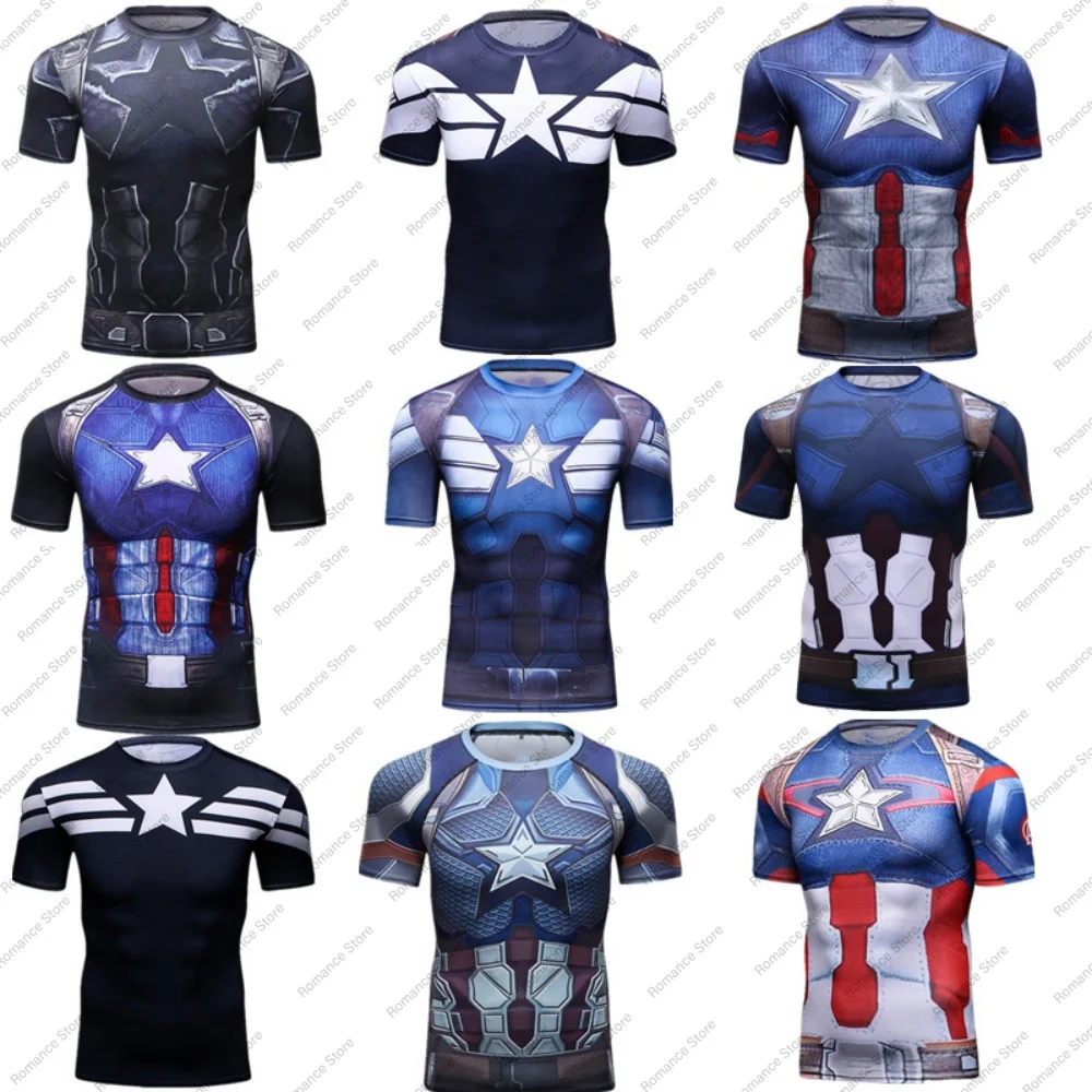 

New Captain America Marvel movie costumes for Avengers 4: tight-fitting suit fitness suit sports short-sleeved T-shirt for Kids