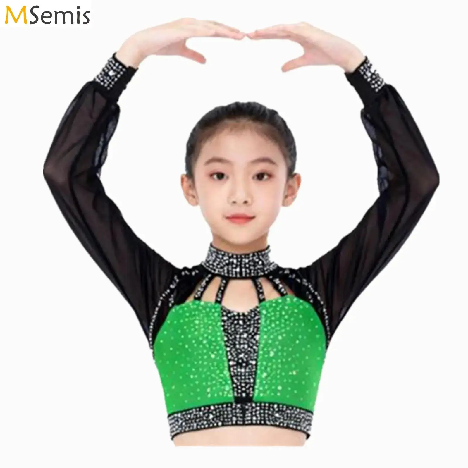 Kinderen meisjes kunstschaatsen dans top prestatie kostuum pure mesh lange mouwen uitsparing terug strappy glanzende strass crop top