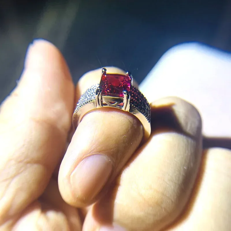 Dazzling Red CZ Stone Girls 925 Stamp Silver Rings Square Cut AAA Zircon Stone Promise Wedding Rings for Women Gift Bijoux