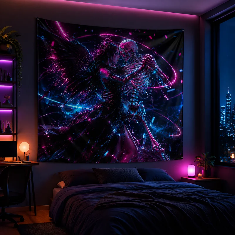 VIKAMA Cyberpunk Skeleton Angel Tapestry, Nebula Neon Dark Gothic Couple Dancing Wall Hanging, Mysterious Dark Home Decor