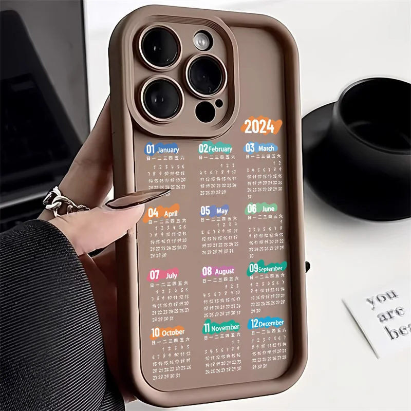 2024 Calendar Liquid Silicone Case For iPhone 11 Case iPhone 12 13 14 15 Pro Max XR XSMax 7 8 Plus SE 2020 2022 Shockproof Cover