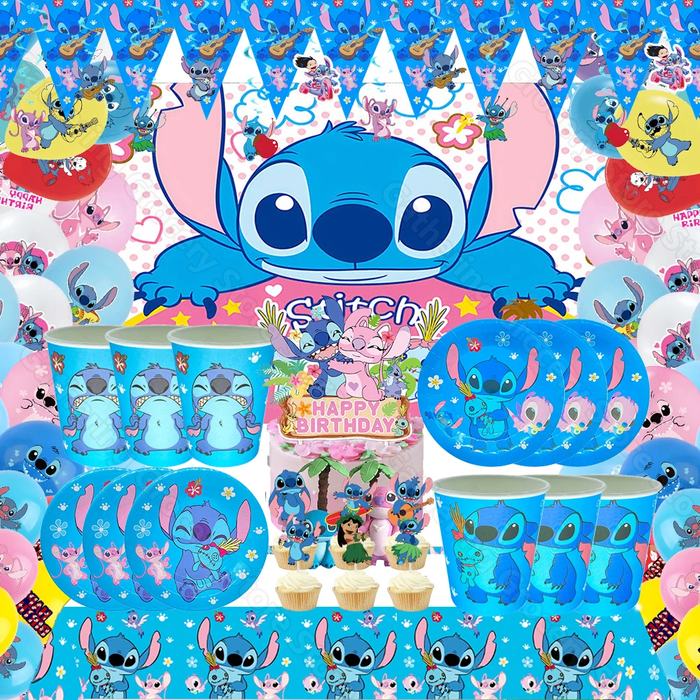 Stitch Blue Tableware Party Supplies Paper Plate Cup Flag DIY Foil Latex Ballon Party Decoration Boy Girl Favor Anniversary Gift