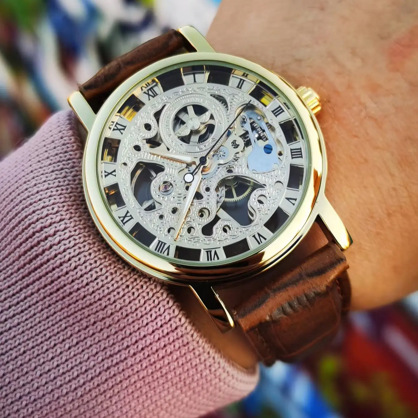 Winner Transparent Fashion Case Luxury Casual Design Leather Strap Mens Watches Top Brand Luxury Mechanical Skeleton Watch